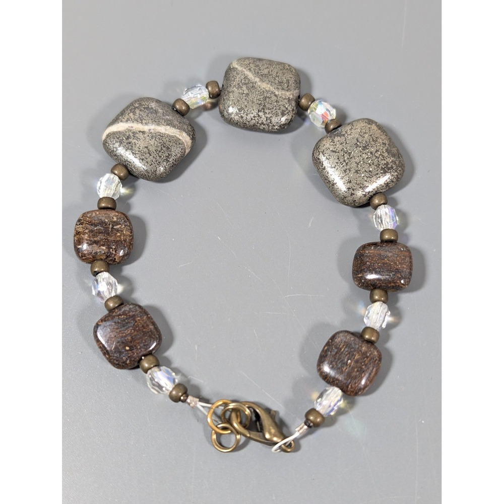 Artisan Natural Stone Glass Beaded Bracelet Earth Tone Boho 9.25"